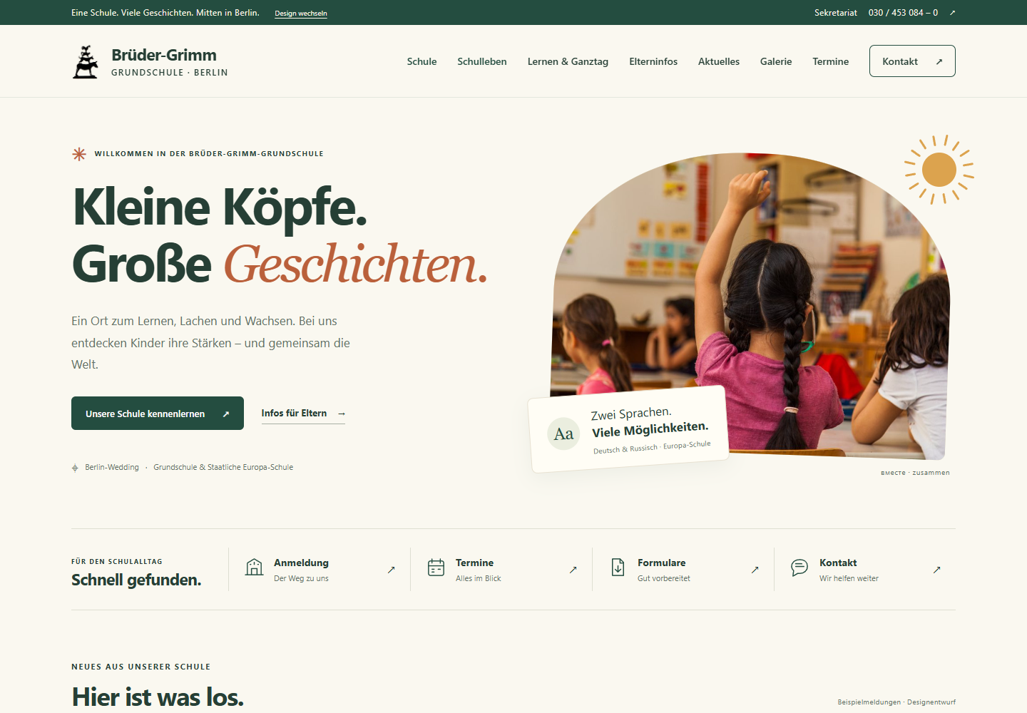 Vorschau des warmen Entwurfs mit grüner Navigation und gerundetem Bild