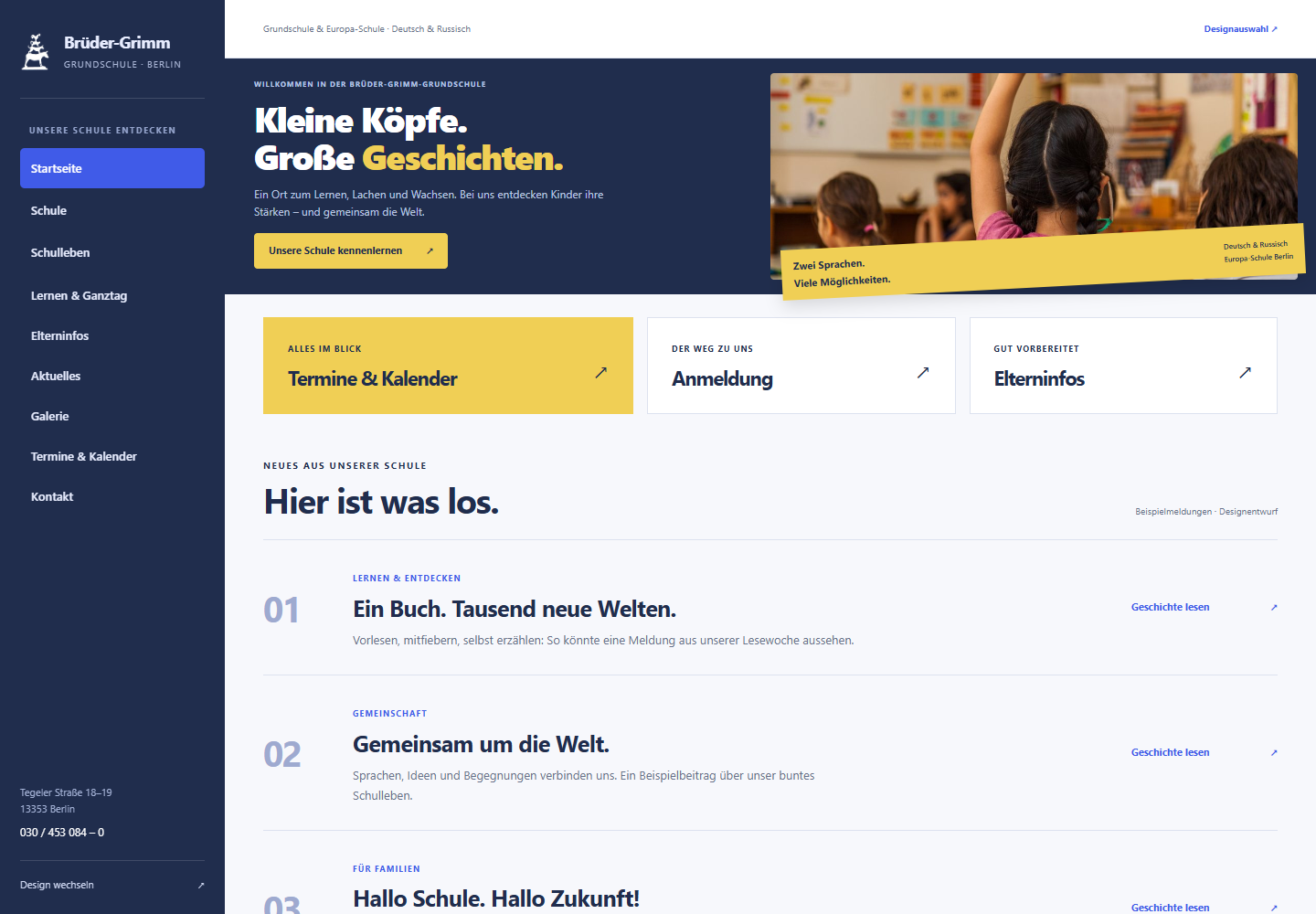 Vorschau des blauen Entwurfs mit seitlicher Navigation und gelben Akzenten