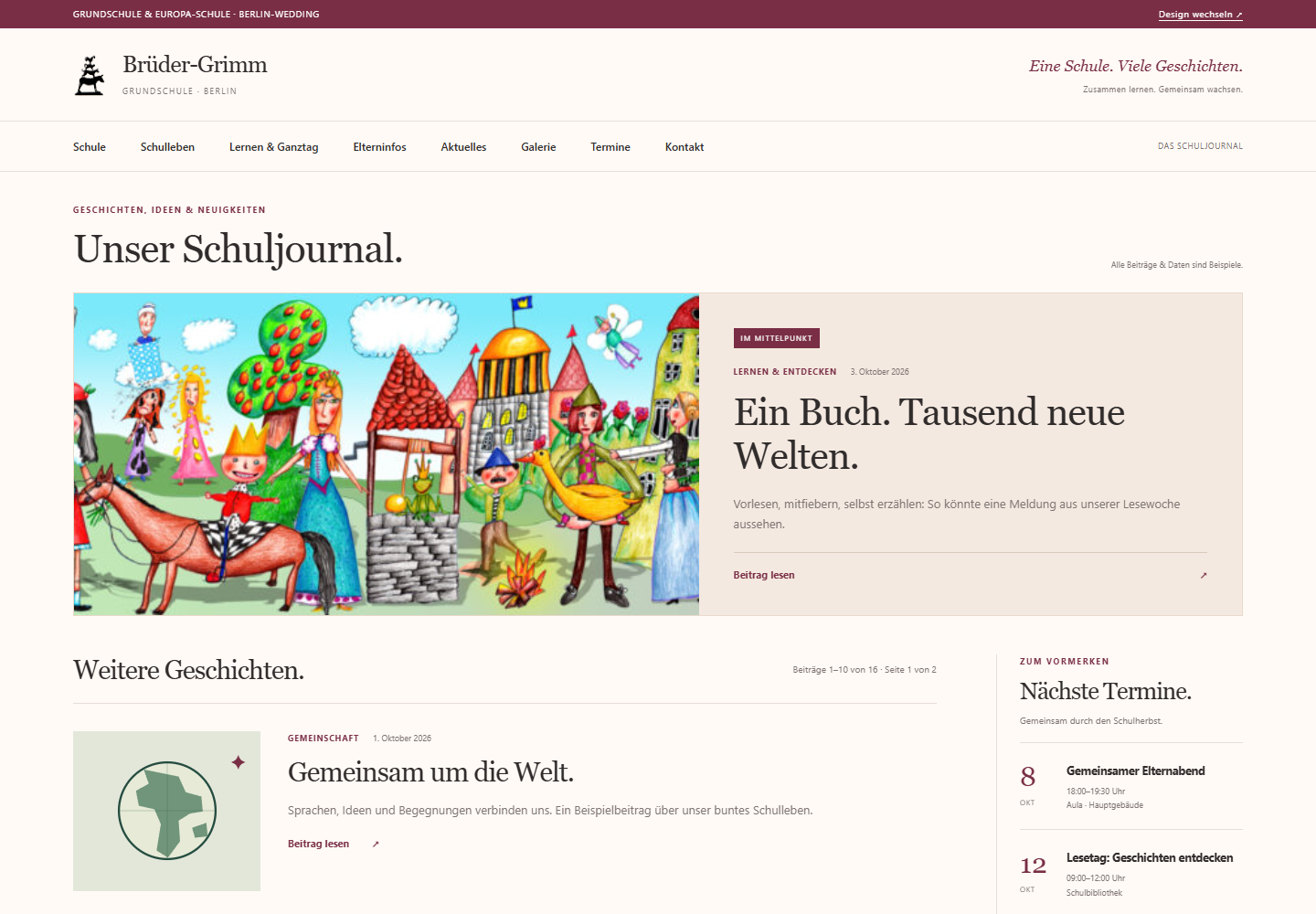 Vorschau des Schuljournals mit Topbar, hervorgehobenen News und Terminspalte